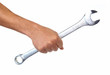Hand of auto mechanic with wrench.