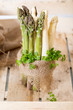 Grüner und weisser Spargel gebunden mit Kerbel
