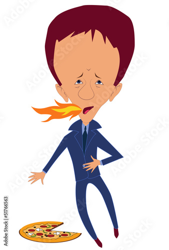 Vector: Man with heartburn from pizza Man with heartburn from pizza