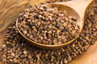 Buckwheat seeds on wooden spoon in closeup