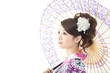 Beautiful asian kimono woman on white background