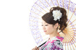 Beautiful asian kimono woman on white background