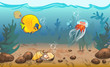 underwater world with marine animals. fish, shell, jellyfish