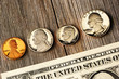 US money over wooden background