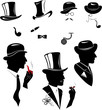 Vector: Men silhouettes smoking cigar and pipe in vintage style isolate Men silhouettes smoking cigar and pipe in vintage style isolate