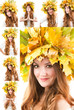 Collage of portrait of girl with  autumn wreath