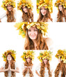Beautiful fall woman Collage of girl with autumn wreath