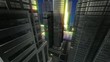 Flying over business city center