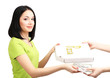 Foto: Beautiful girl gets order pizza isolated on white Beautiful girl gets order pizza isolated on white