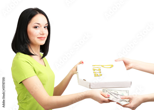 Photo: Beautiful girl gets order pizza isolated on white Beautiful girl gets order pizza isolated on white