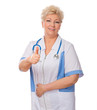 Smiling mature doctor shows ok gesture