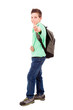 Full length portrait of a school boy with thumb up gesture, isol