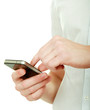 Mobile phone on hand, isolated on white background