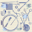 Sewing and needlework related symbols on lined paper background