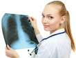 Female doctor examining an x-ray isolated on white background.