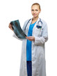 Female doctor examining an x-ray isolated on white background.