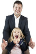Great! Man and little girl exulting. White Background