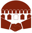 symbol of real estate with handshake, sun and cottage