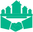 Vector: blue symbol - handshake with cottage and place for text blue symbol - handshake with cottage and place for text