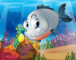 A piranha and a seahorse under the sea