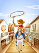 A boy riding in a horse holding a rope