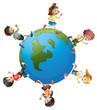 Six kids walking around the planet earth