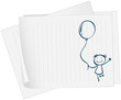 A paper with a drawing of a kid holding a balloon