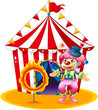 A female clown juggling in front of the tent