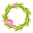 A green border with pink flowers