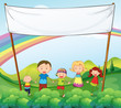 A family in the garden with an empty banner