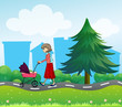 A girl with a baby stroller along the road