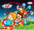 Three kids riding in a roller coaster