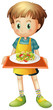 A young boy holding a tray with a plate