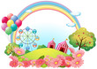 A hill with circus tents, balloons and a ferris wheel