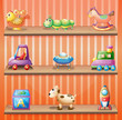 Three wooden shelves with toys