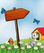 A garden with butterflies and a cat near an arrowboard