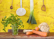food still life: vegetables for the soup + vintage kitchen utens