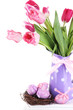 Easter composition with fresh tulips and easter eggs isolated
