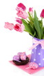 Easter composition with fresh tulips and easter eggs isolated