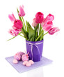 Easter composition with fresh tulips and easter eggs isolated