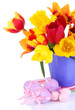 Easter composition with fresh tulips and easter eggs isolated