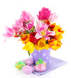 Easter composition with fresh tulips and easter eggs isolated