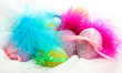 Beautiful easter eggs and decorative feathers, close up