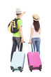 young couple tourist with travel suitcase and pointing something