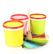 Set for painting: paint pots, brushes, palette of colors