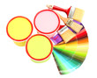 Set for painting: paint pots, brushes, palette of colors