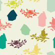 Seamless pattern with birdhouses and birds on branches