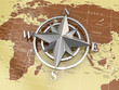 Illustration: Navigation sign or compass on political map. Navigation sign or compass on political map.