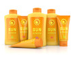 Sunscreen lotion and cream bottles and tubes isolated on white