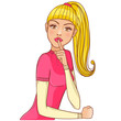 Cute girl with finger on lips showing secret gesture